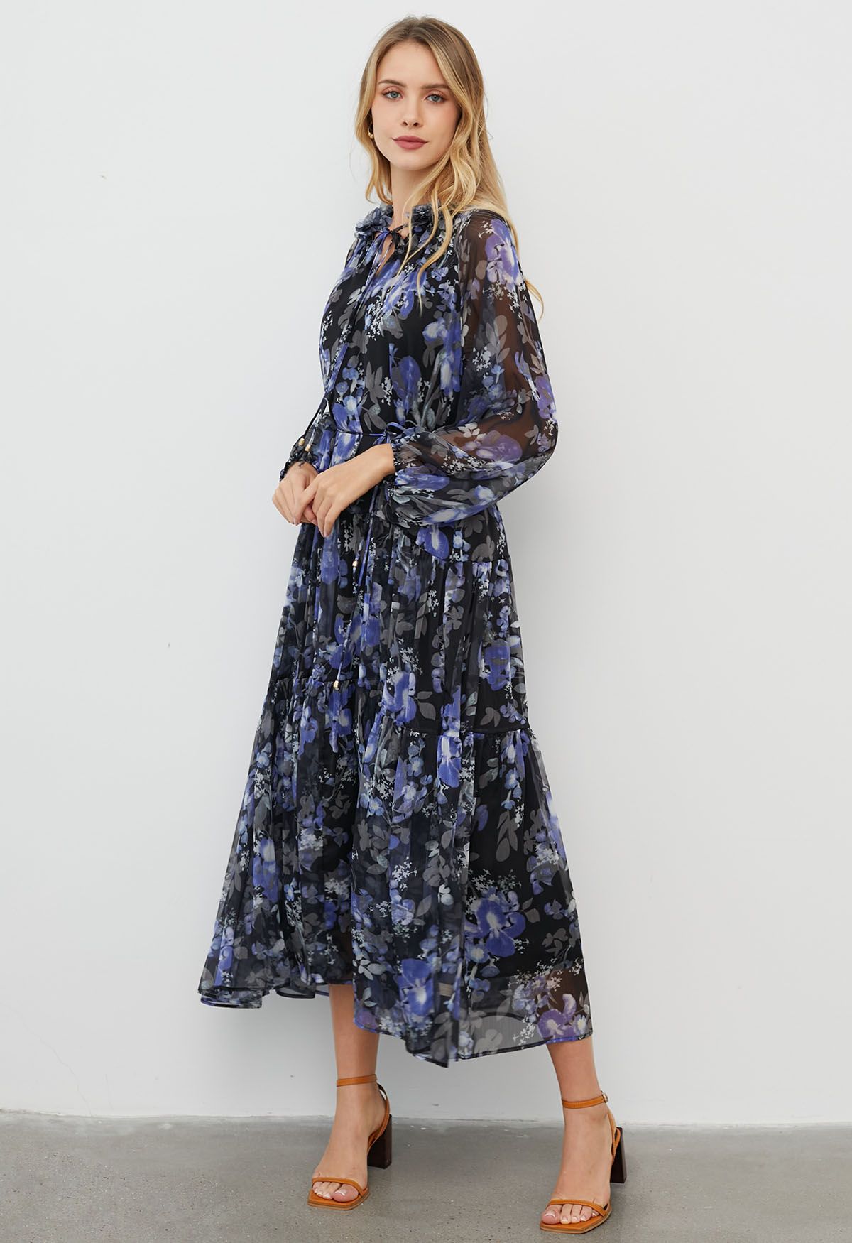 Floral Ballet Tie String Chiffon Midi Dress in Black