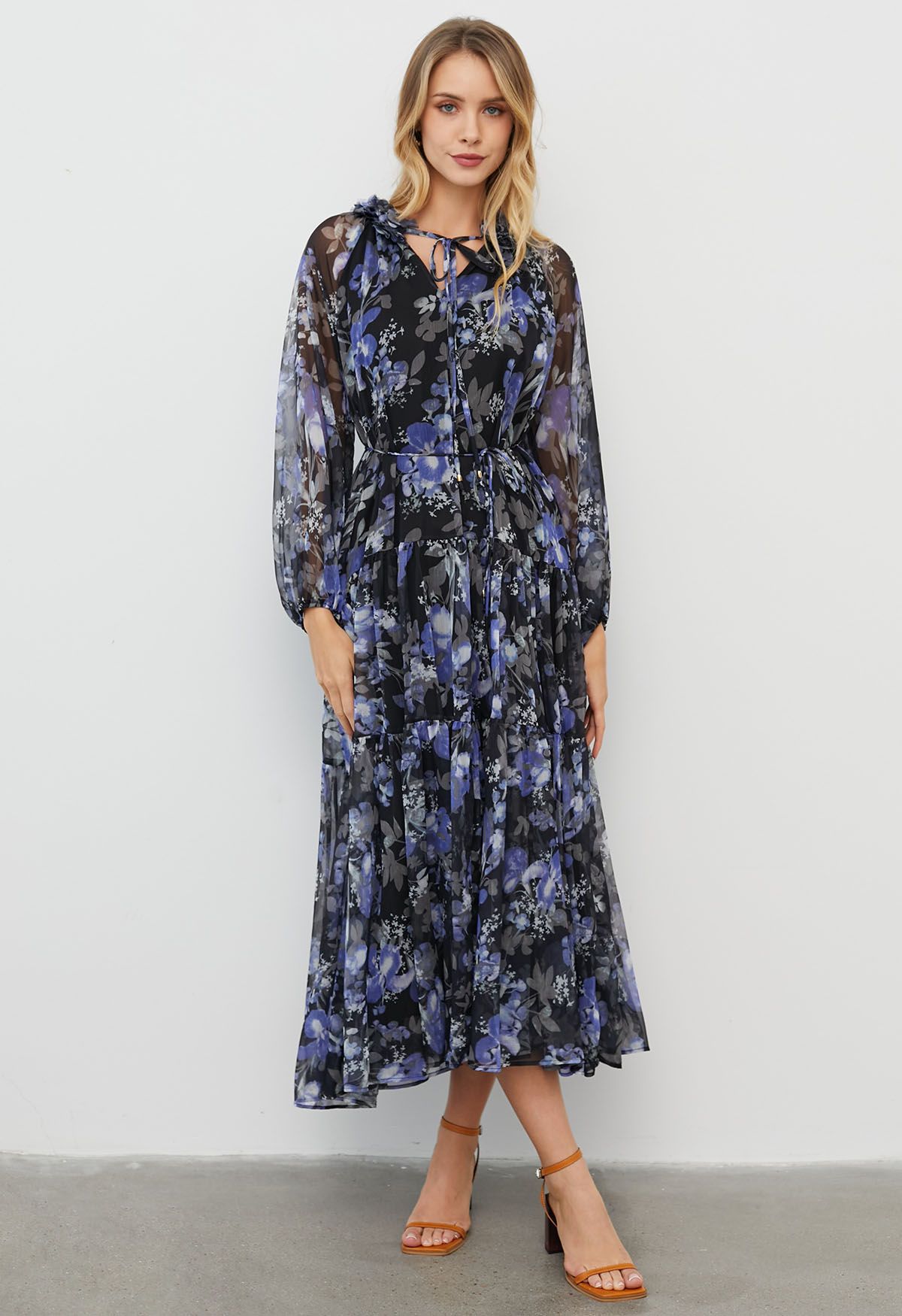 Floral Ballet Tie String Chiffon Midi Dress in Black