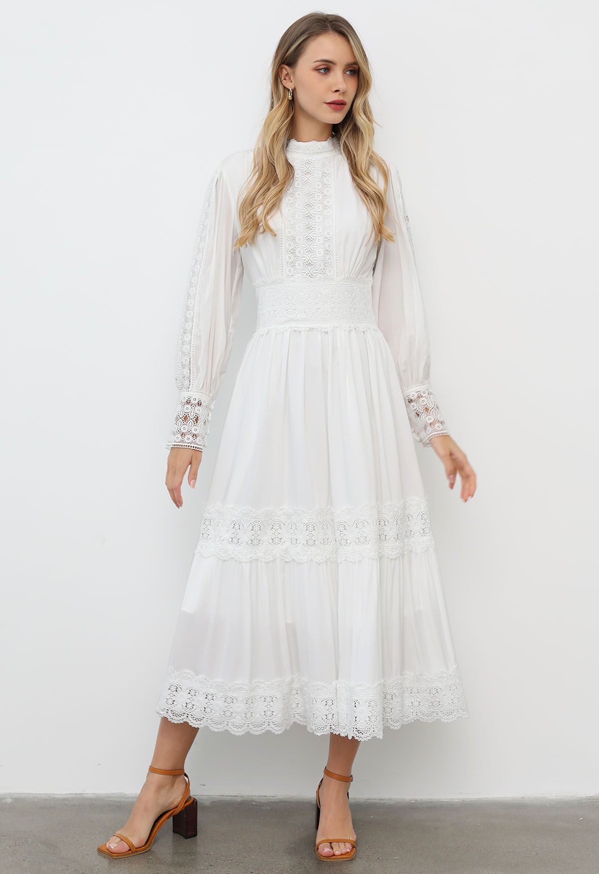 Victorian Elegance Cutwork Lace Maxi Dress in White