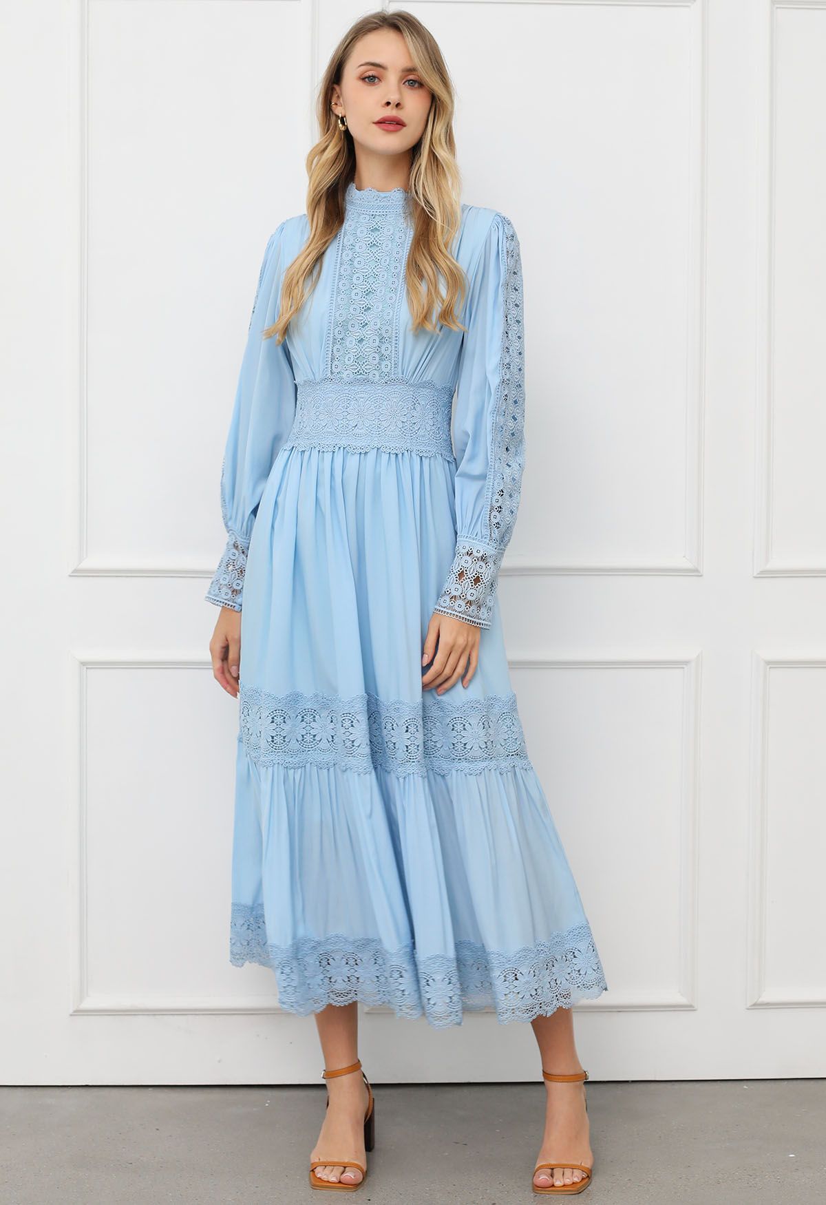 Victorian Elegance Cutwork Lace Maxi Dress in Baby Blue