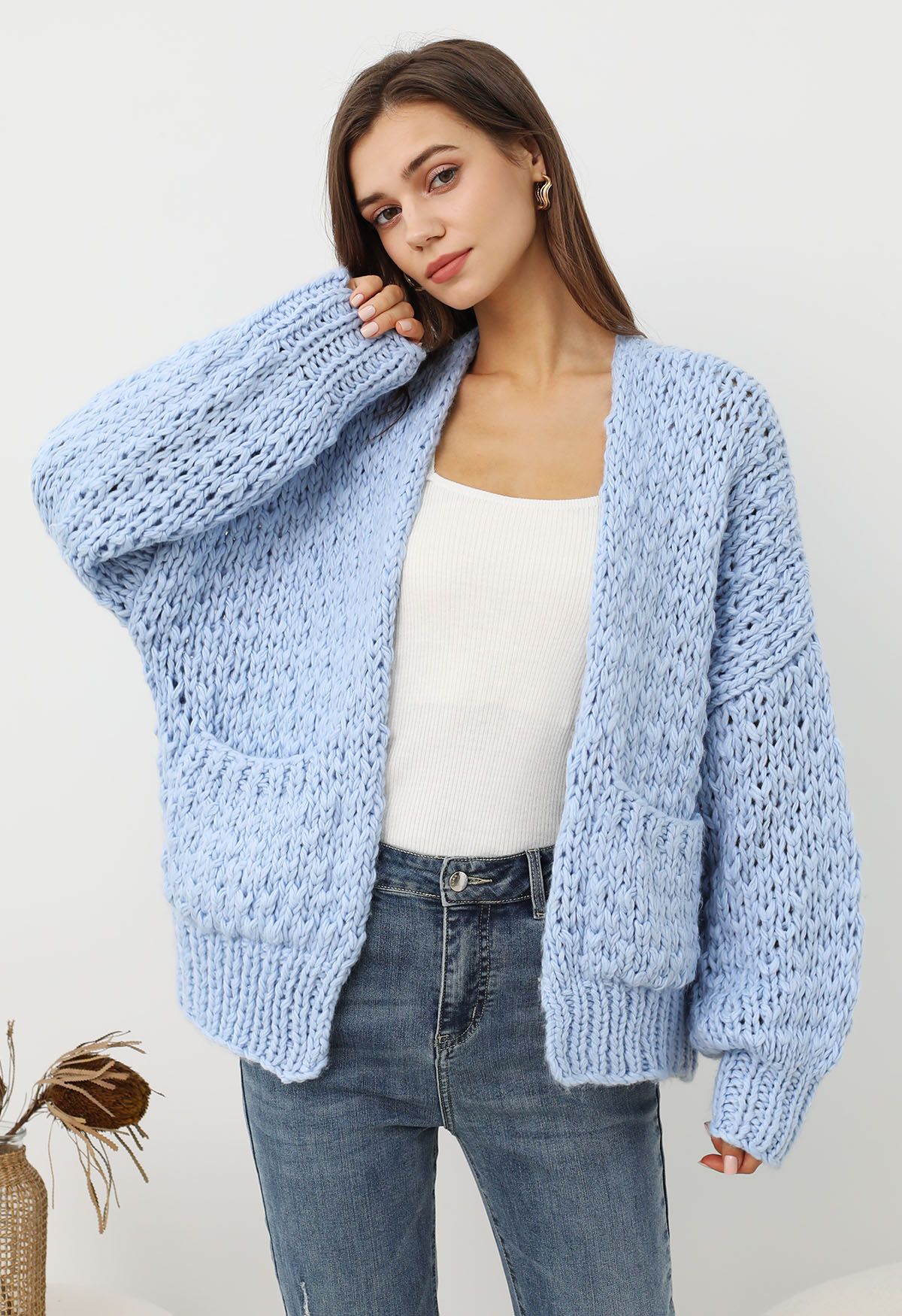 Chunky Hand Knit Patch Pocket Open Front Cardigan in Baby Blue