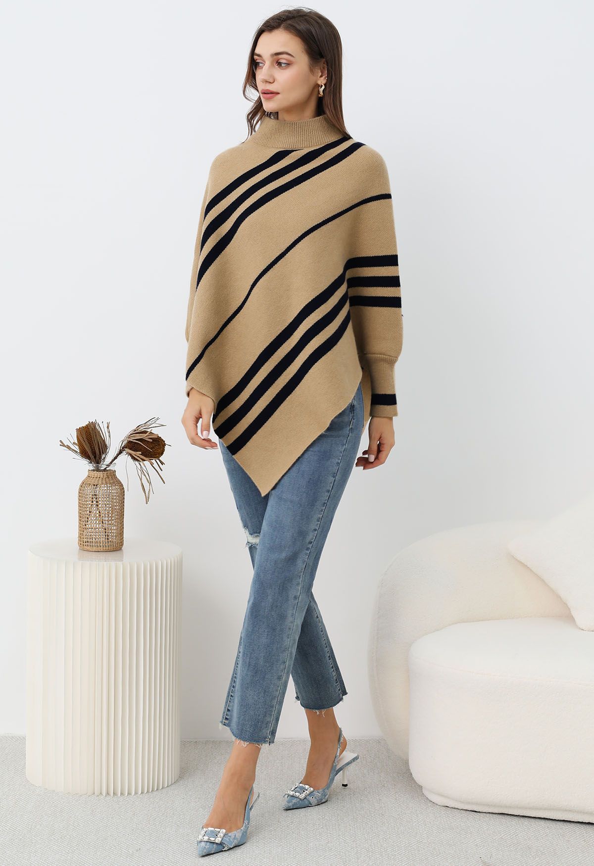 Diagonal Stripe Mock Neck Asymmetric Poncho