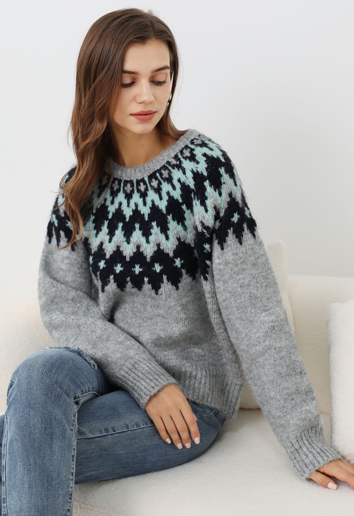 Winter Whimsy Fair Isle Ribbed Knit Sweater in Grey