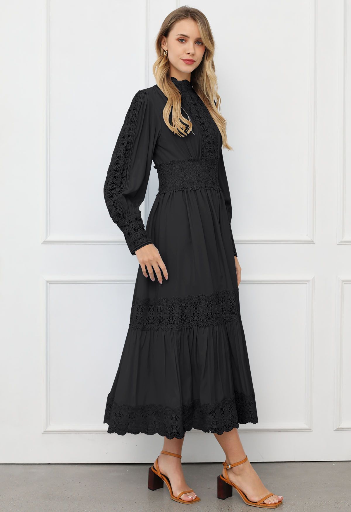 Victorian Elegance Cutwork Lace Maxi Dress in Black