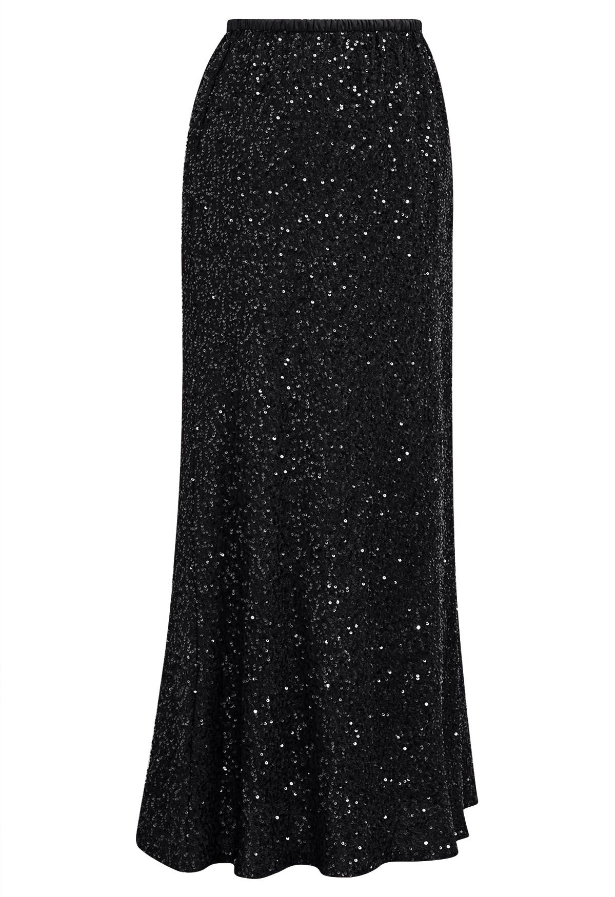 Full Sequin Mermaid Maxi Skirt in Black