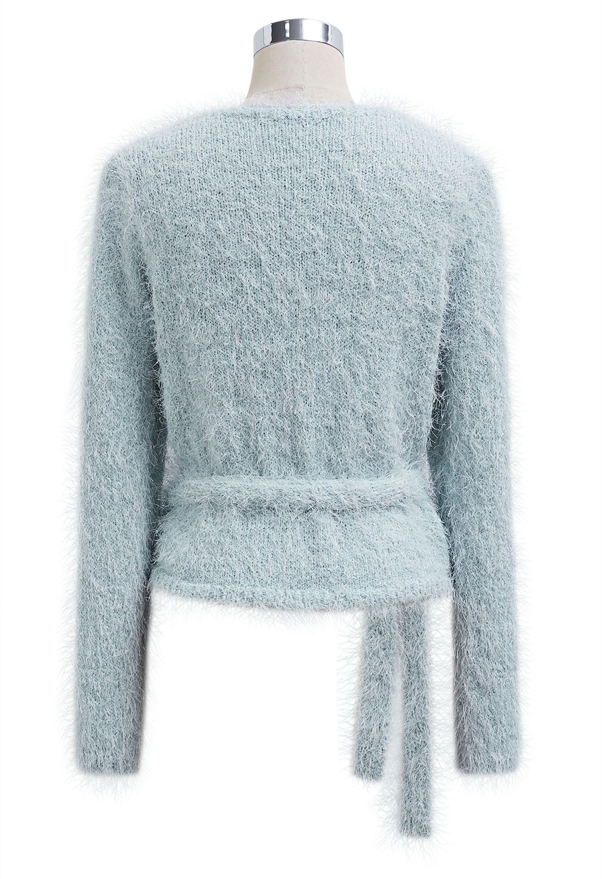 Wrap V-Neck Tie-Waist Fuzzy Knit Top in Light Blue