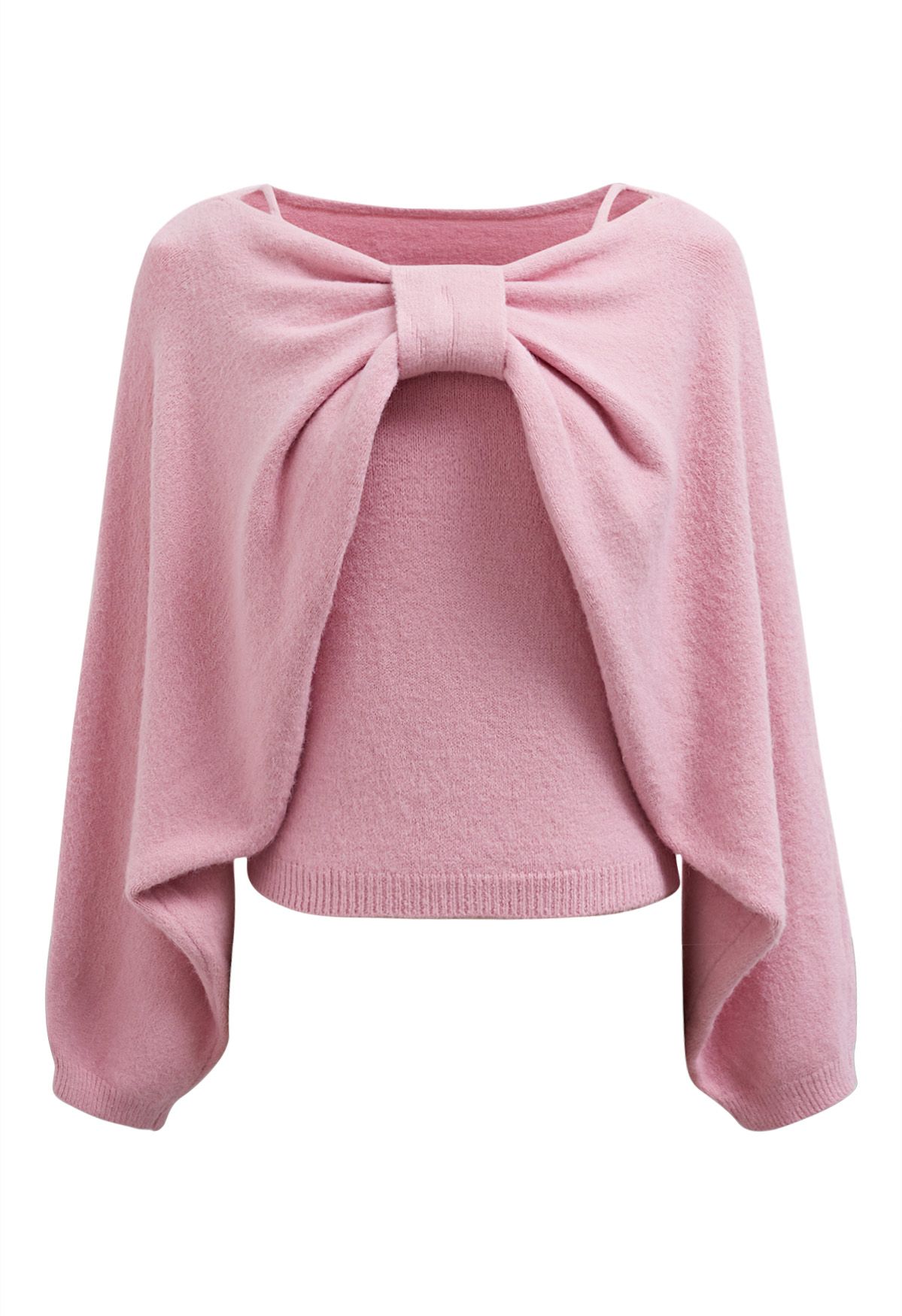 Mesmerizing Bowknot Cami Top and Sweater Set in Pink