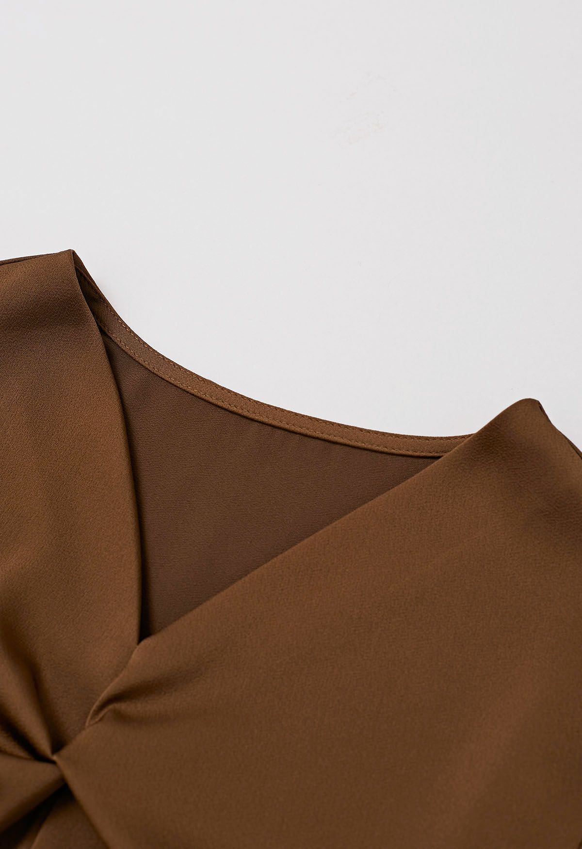 Ribbon V-Neckline Twist Detail Satin Top in Brown