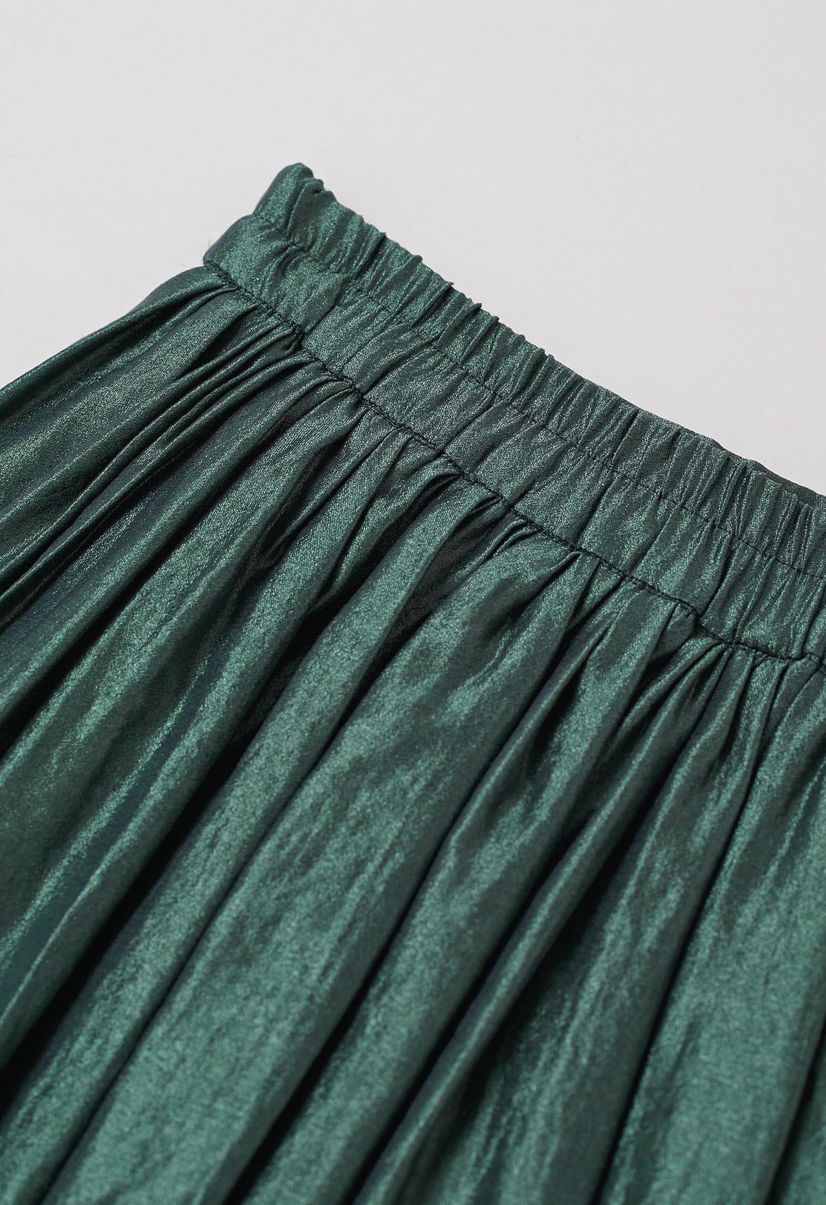 Glossy Emerald Pleated Midi Skirt