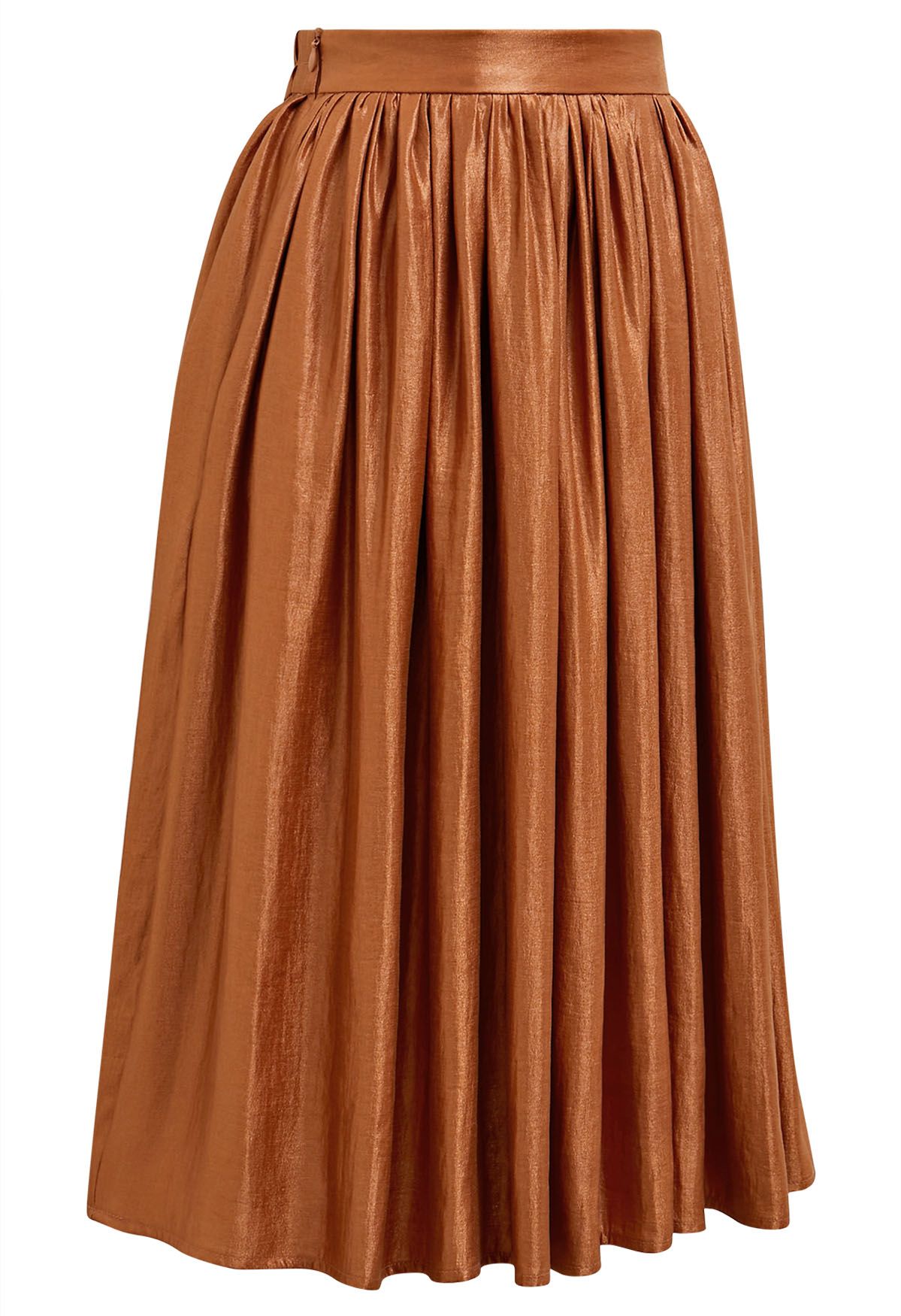 Glossy Orange Pleated Midi Skirt