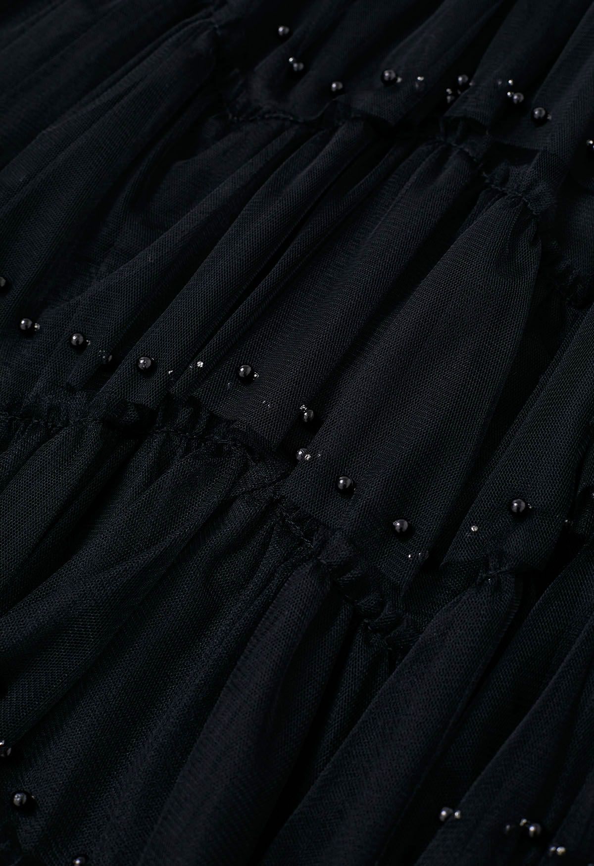 Ethereal Tiered Pearl Tulle Maxi Skirt in Black