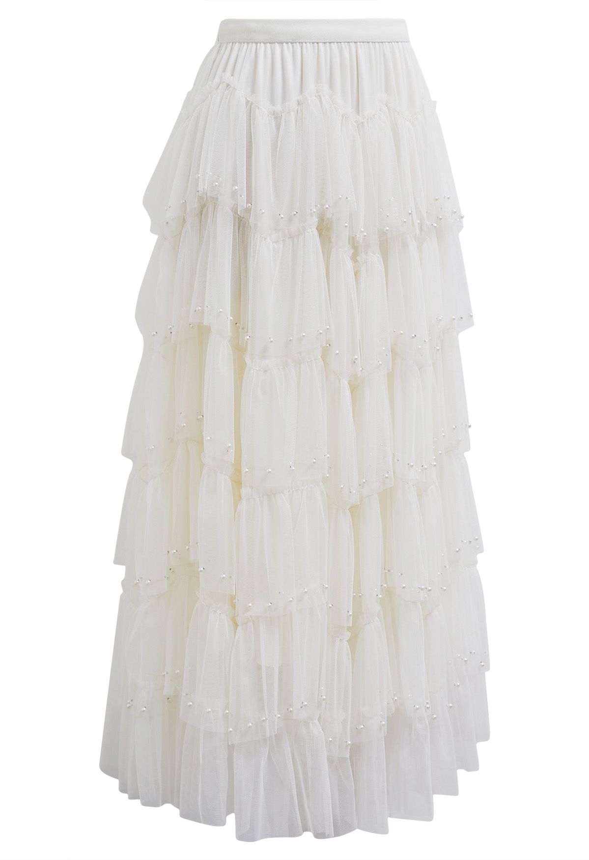 Ethereal Tiered Pearl Tulle Maxi Skirt in White