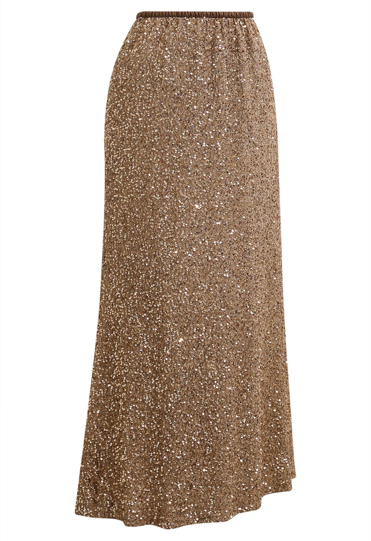 Full Sequin Mermaid Maxi Skirt in Tan