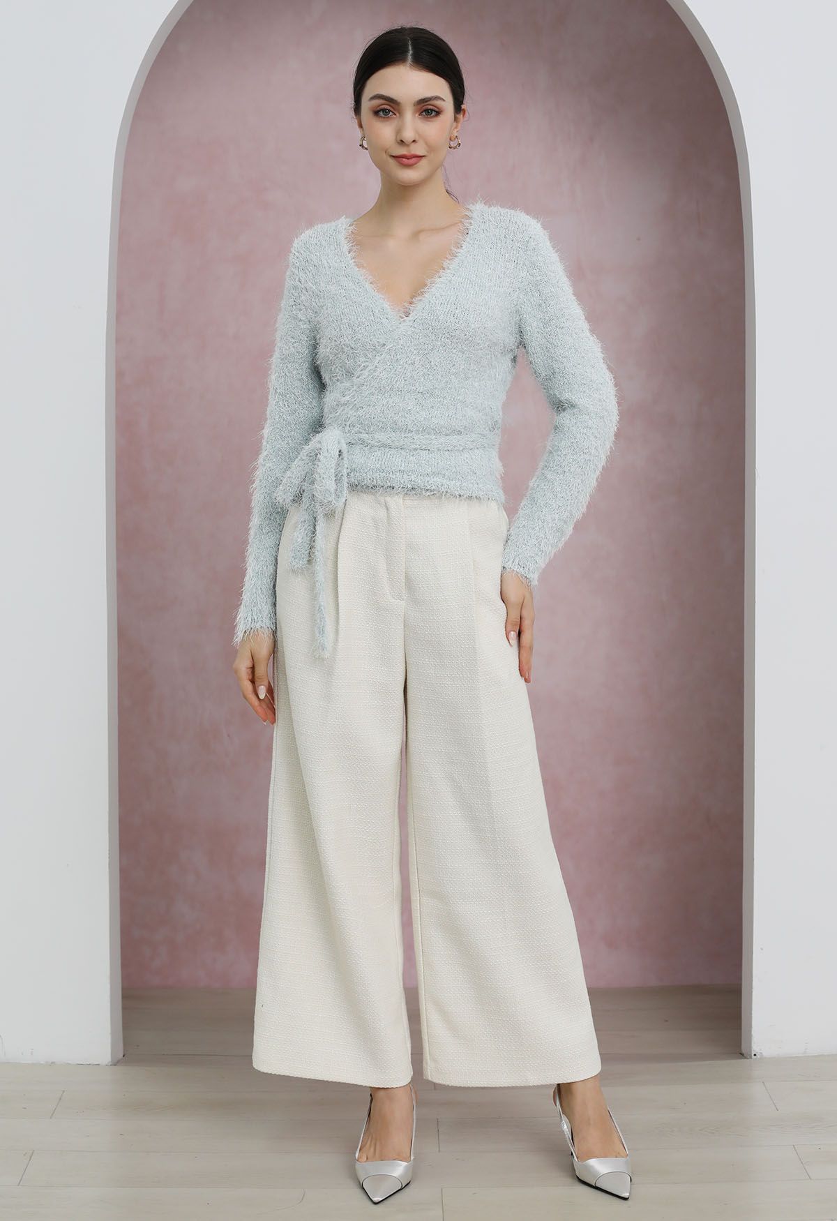 Wrap V-Neck Tie-Waist Fuzzy Knit Top in Light Blue