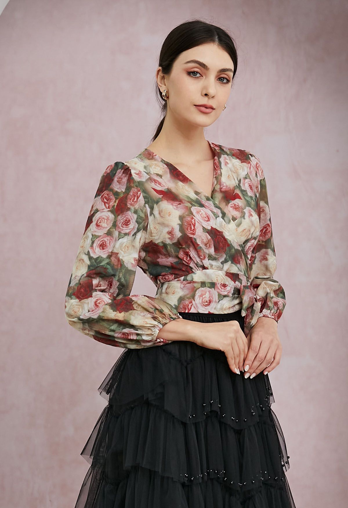 Romantic Rose Print Tie-Waist Wrap Top