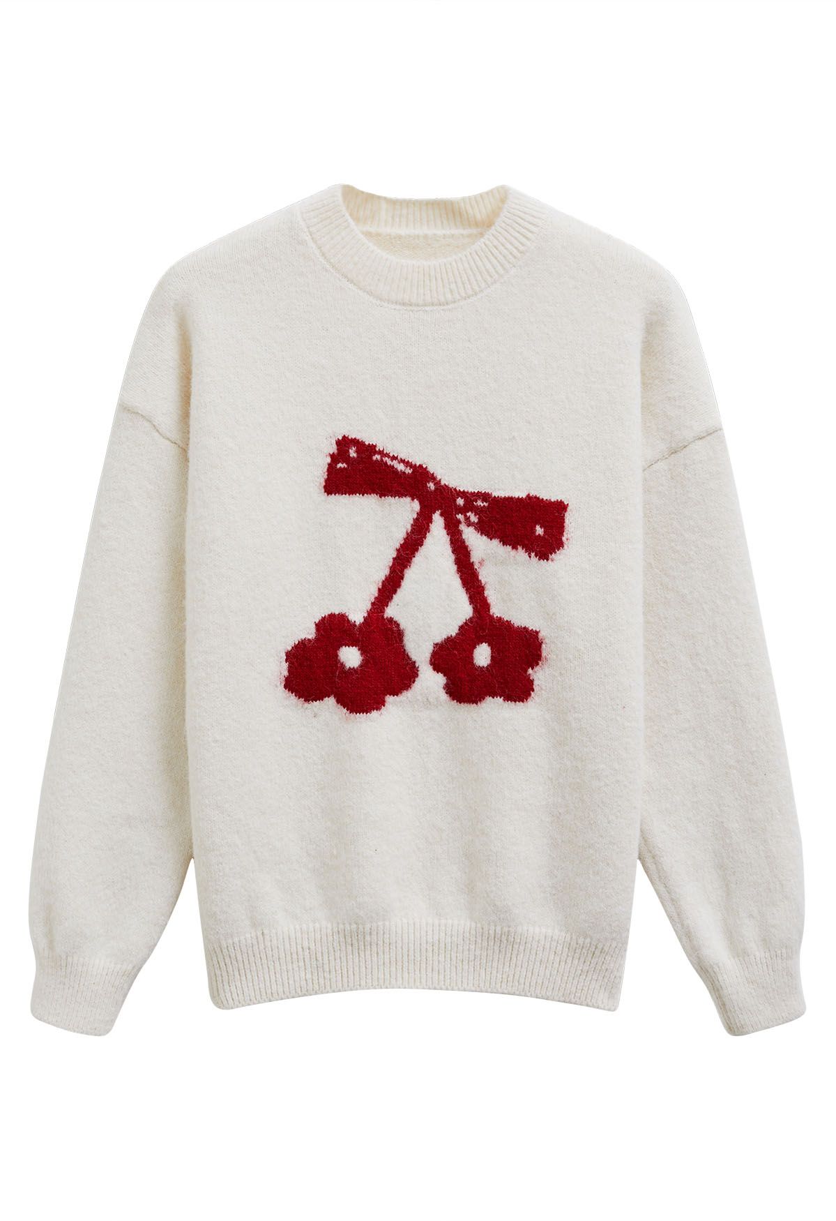 Delightful Cherry Bowknot Dropped Shoulder Knit Sweater