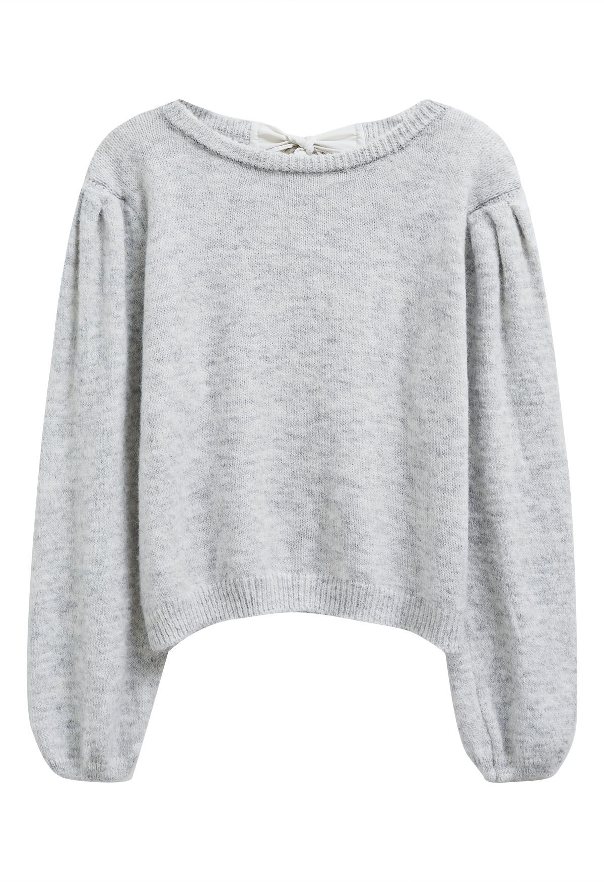 Bowknot Back Puff Sleeve Knit Sweater in Grey