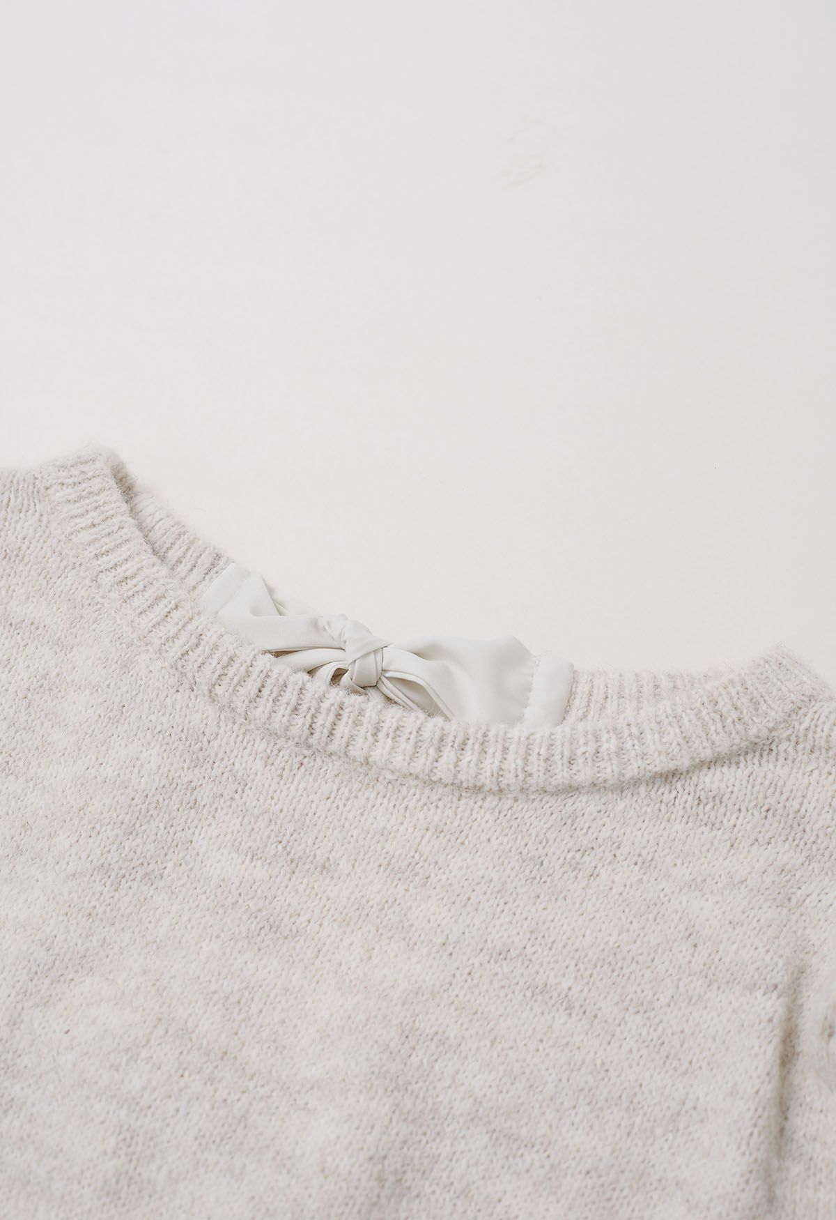 Bowknot Back Puff Sleeve Knit Sweater in Oatmeal