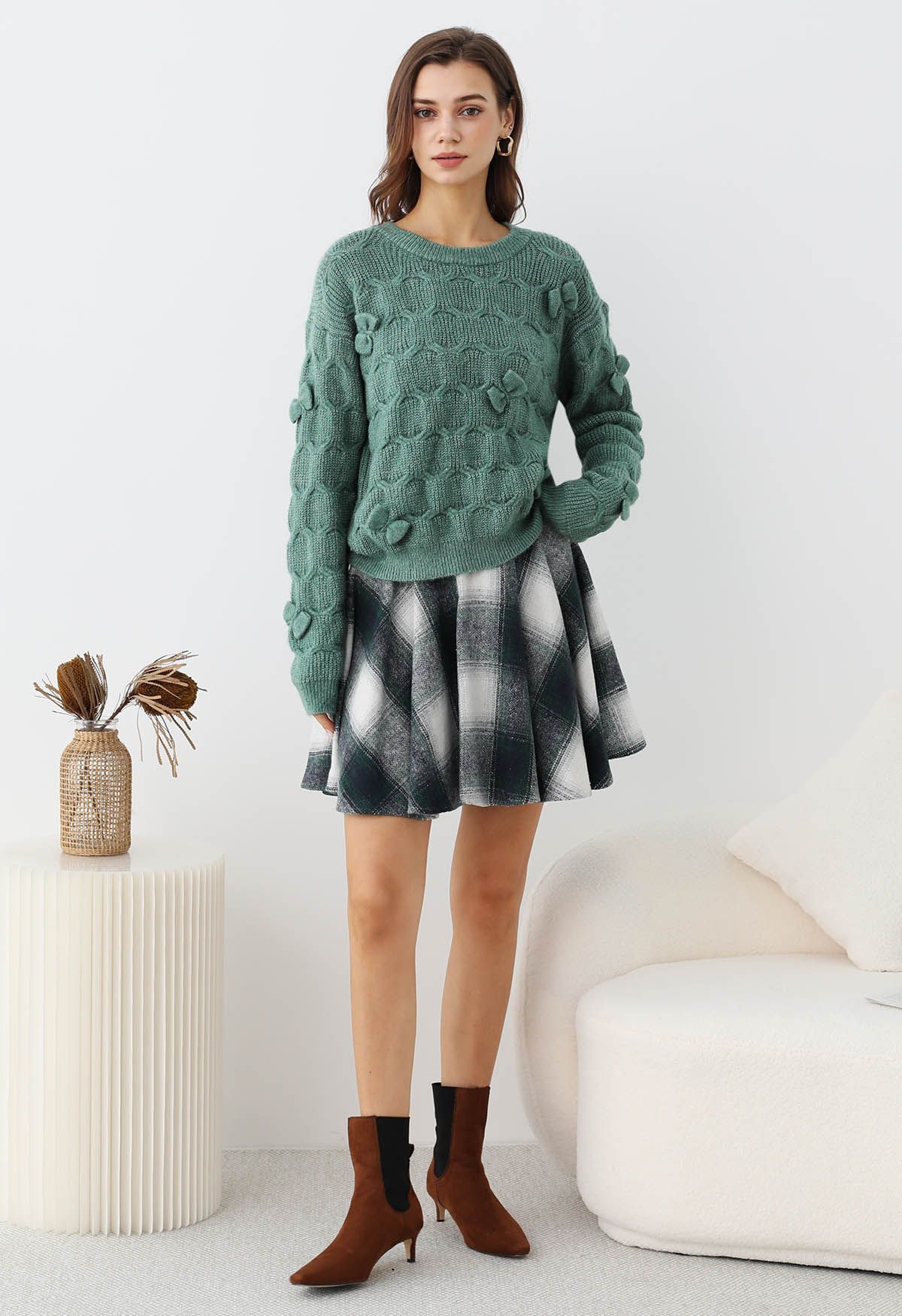 Warm Wishes Plaid Flare Mini Skirt in Dark Green