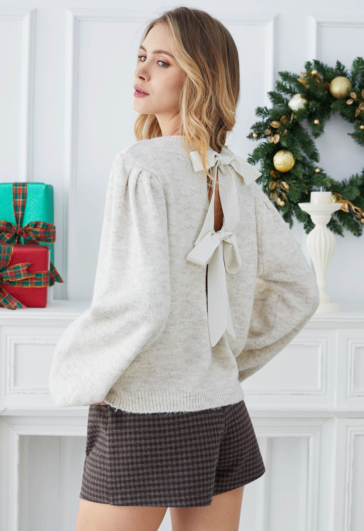 Bowknot Back Puff Sleeve Knit Sweater in Oatmeal