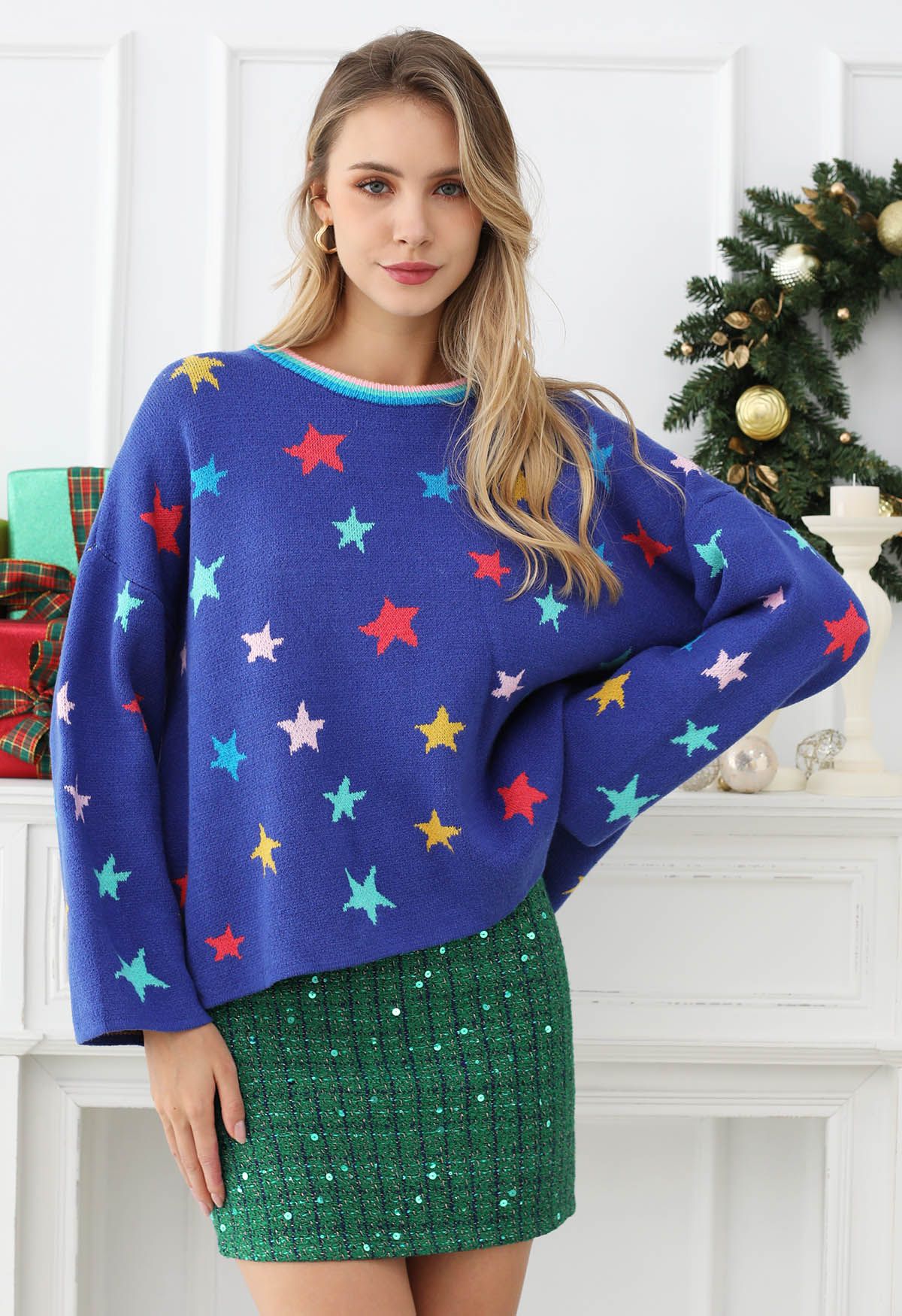 Cosmic Charm Star Bell Sleeve Knit Sweater in Royal Blue