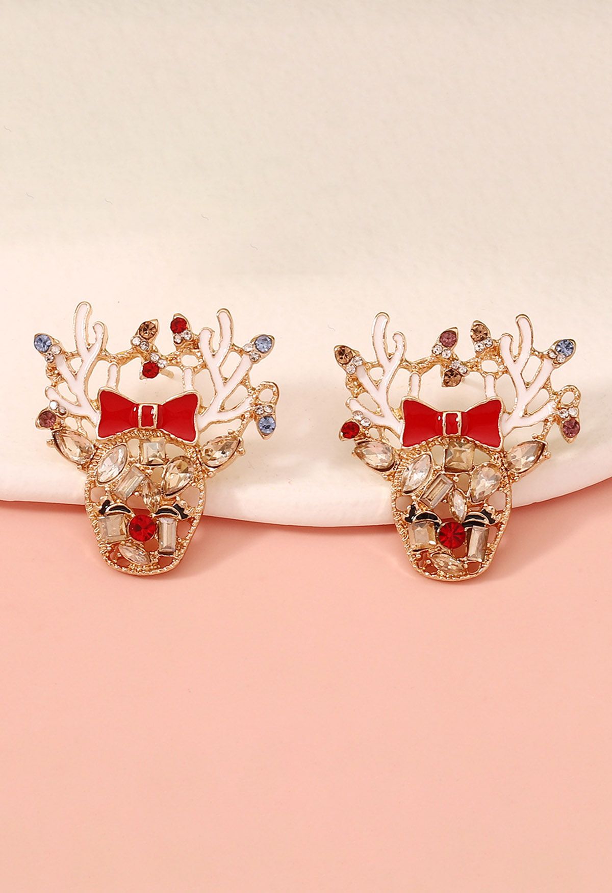 Golden Deer Rhinestone Oil Spill Earrings in Red Bow