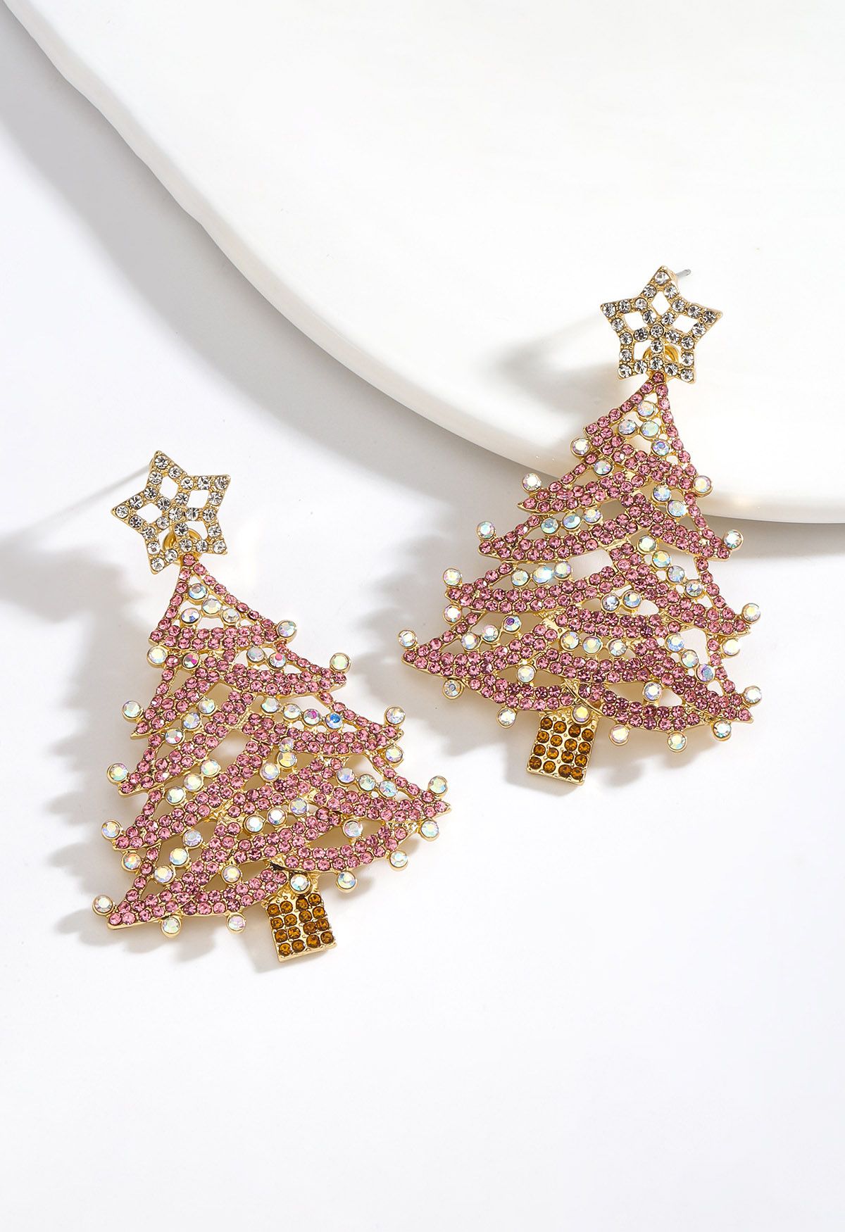 Star-Topped Christmas Tree Earrings in Pink