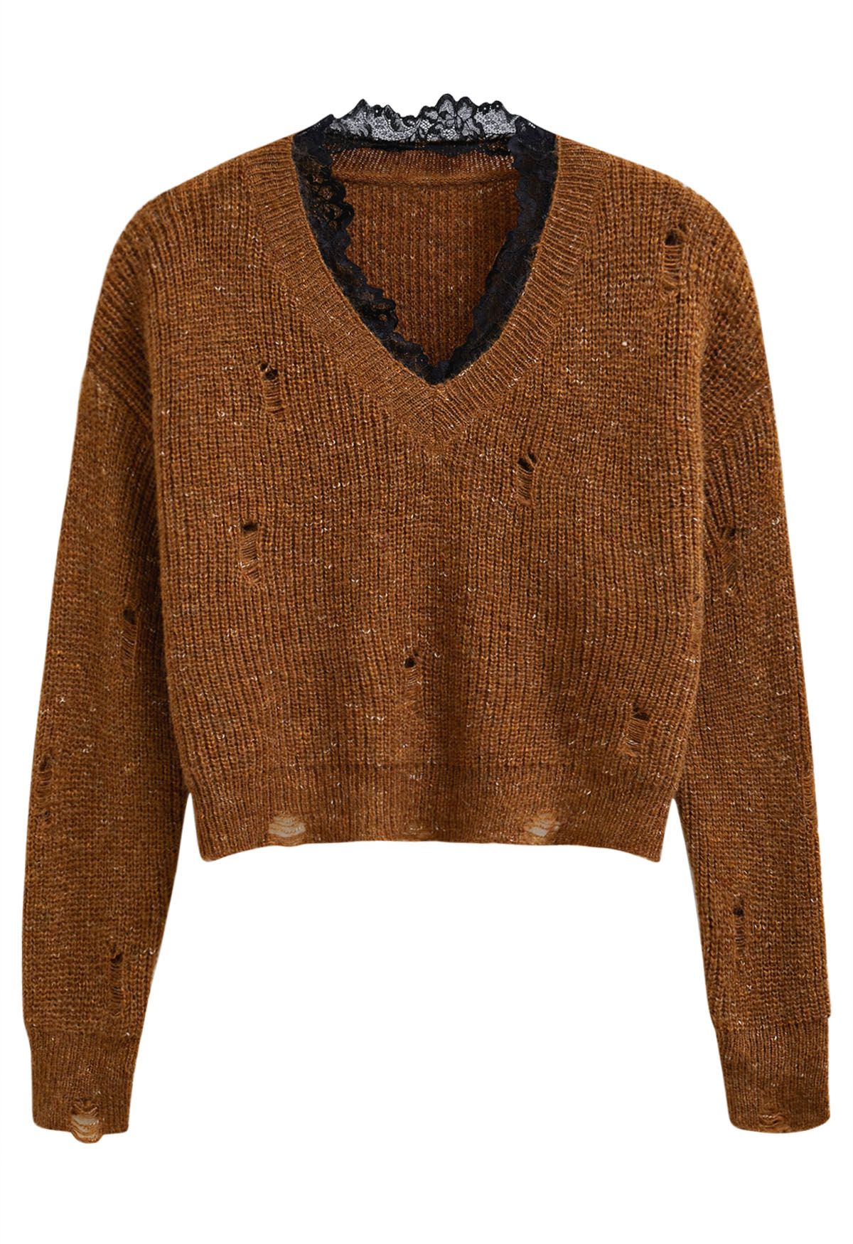 Soft Contrast Lace Neckline Ripped Knit Top in Caramel