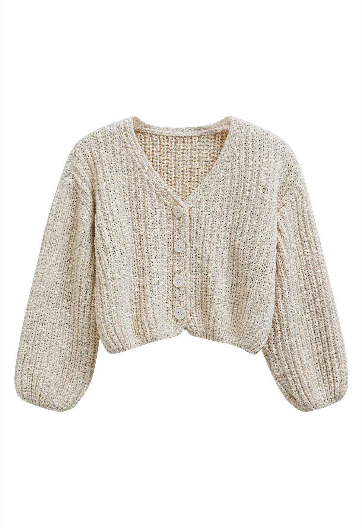 Hand-Knit Drop-Shoulder Buttoned Crop Cardigan in Ivory