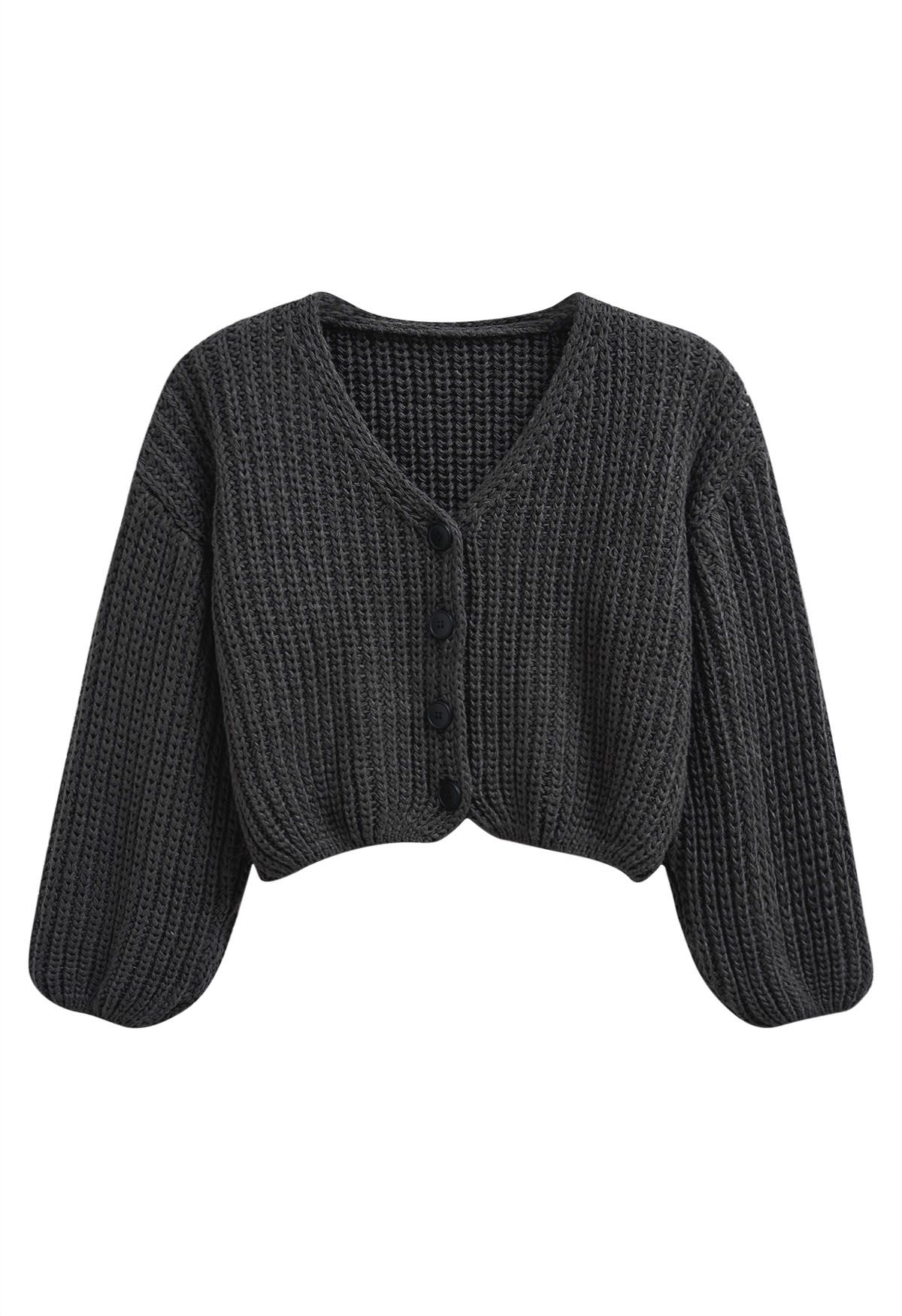 Hand-Knit Drop-Shoulder Buttoned Crop Cardigan in Smoke