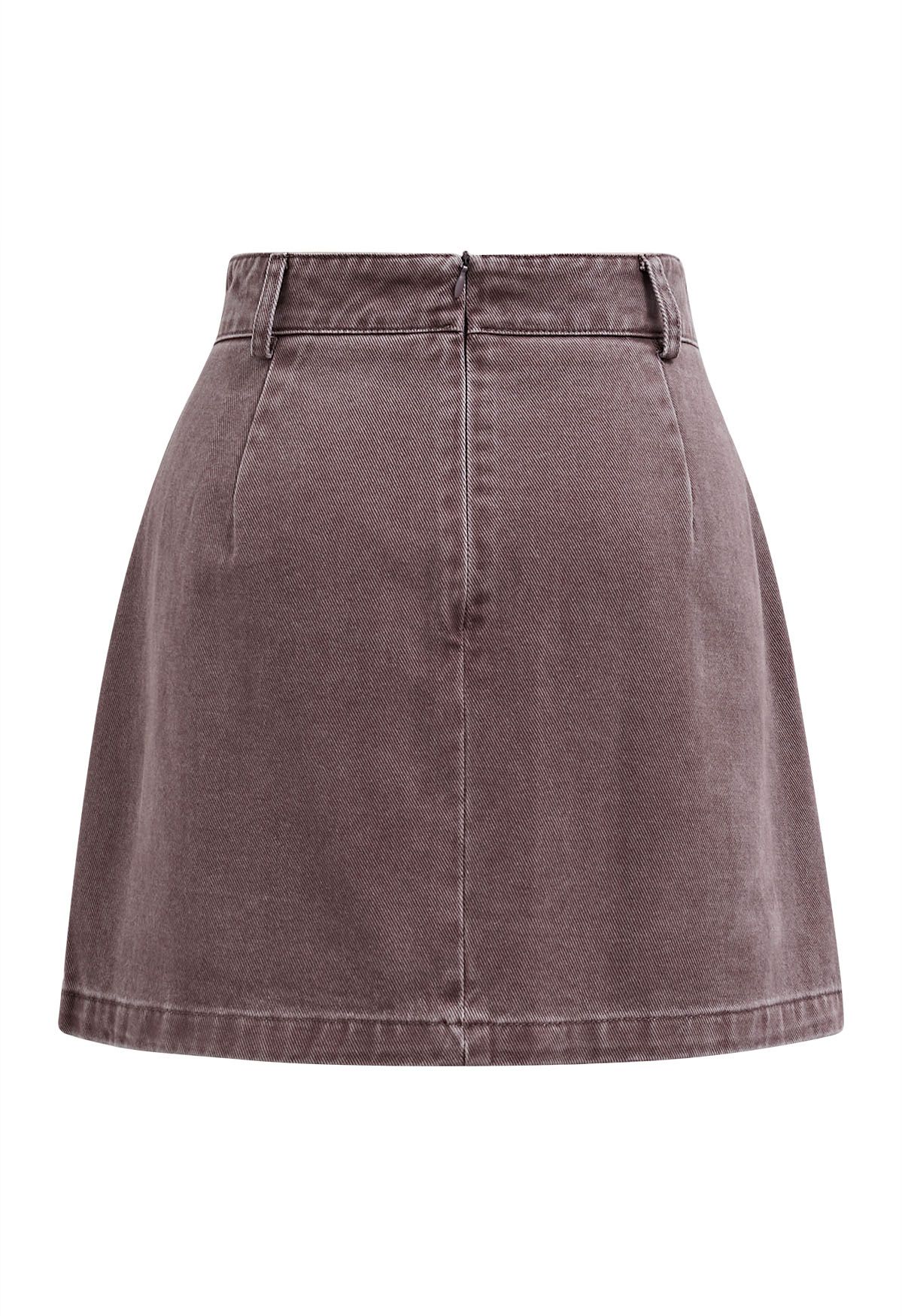 Double-Buttoned Flap Denim Mini Skirt in Plum