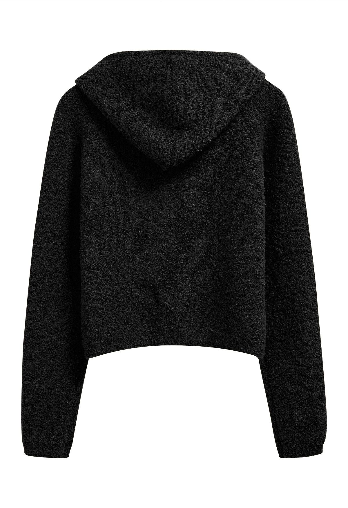 Winter Essentials Hooded Zip-Up Knit Cardigan in Black