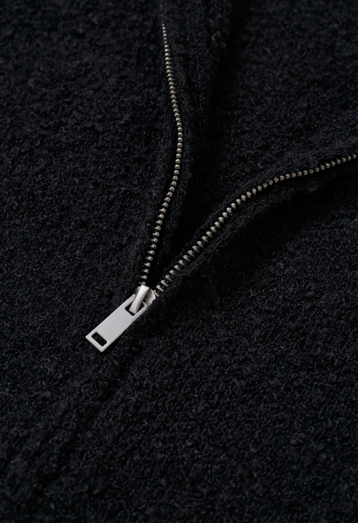 Winter Essentials Hooded Zip-Up Knit Cardigan in Black