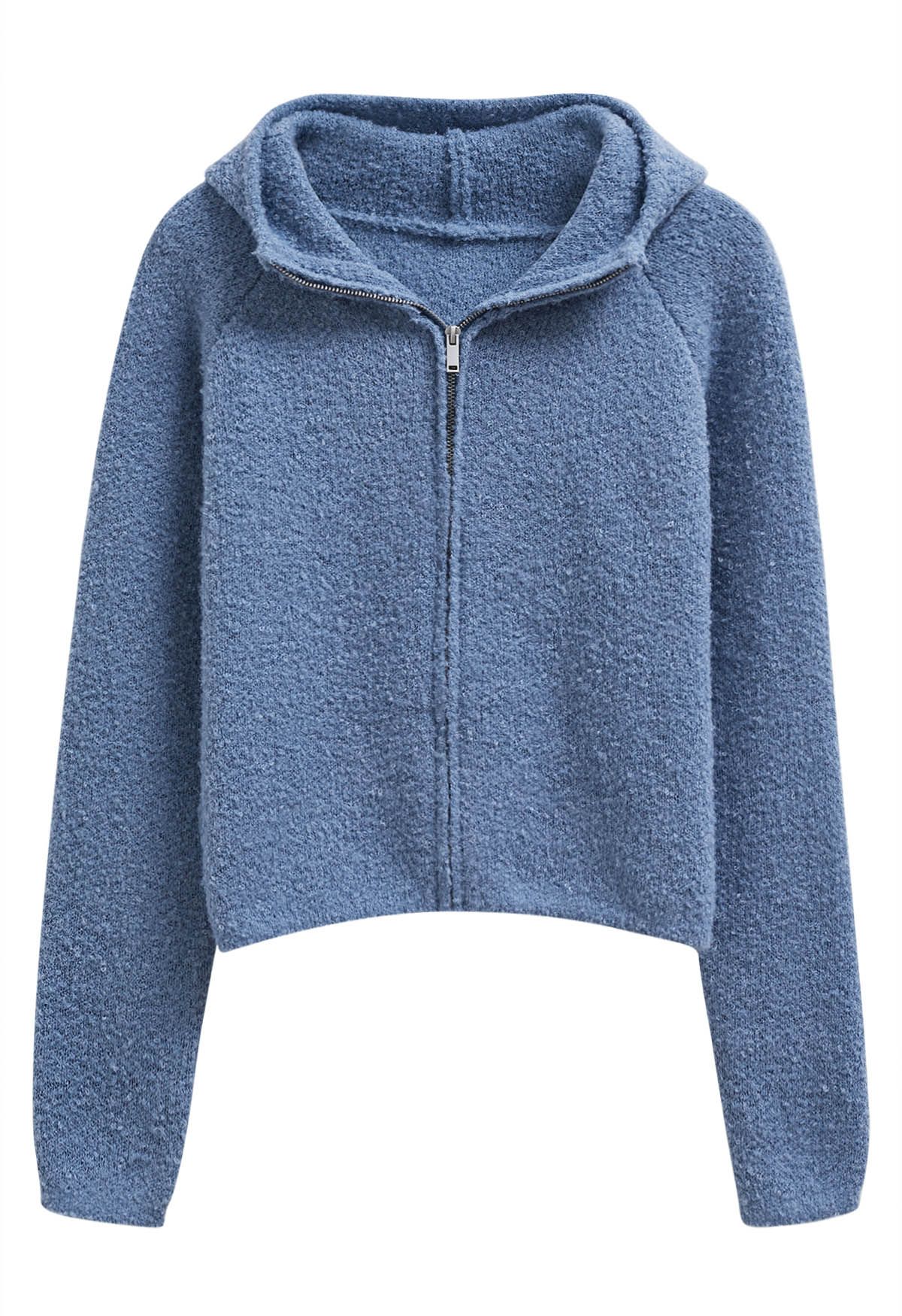 Winter Essentials Hooded Zip-Up Knit Cardigan in Blue