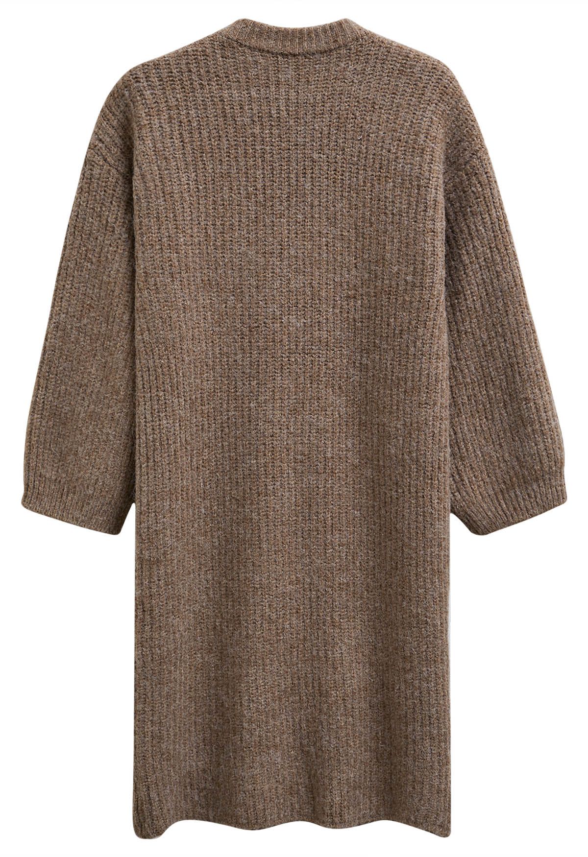 Warmth Wrapped Asymmetric Buttoned Knit Longline Cardigan in Brown