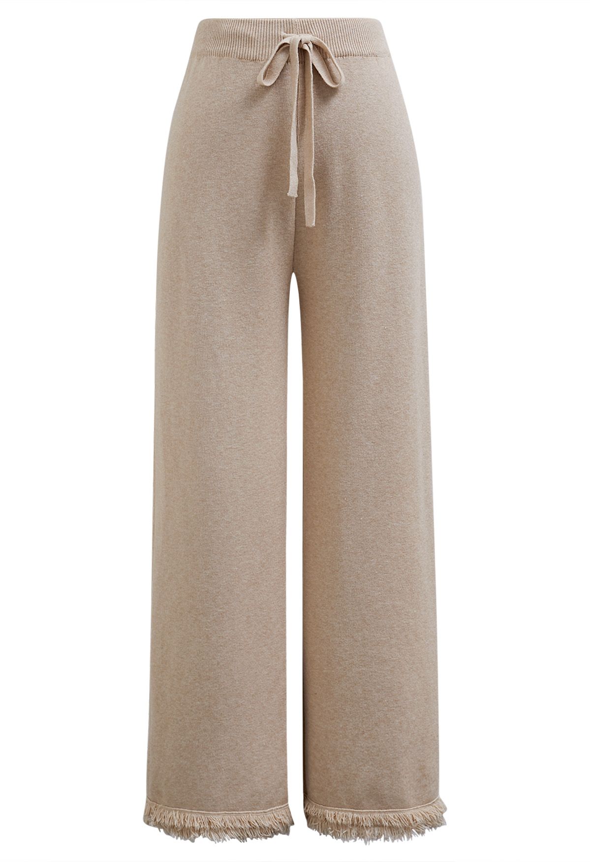 Casual Tie-String Fringed Knit Pants in Sand