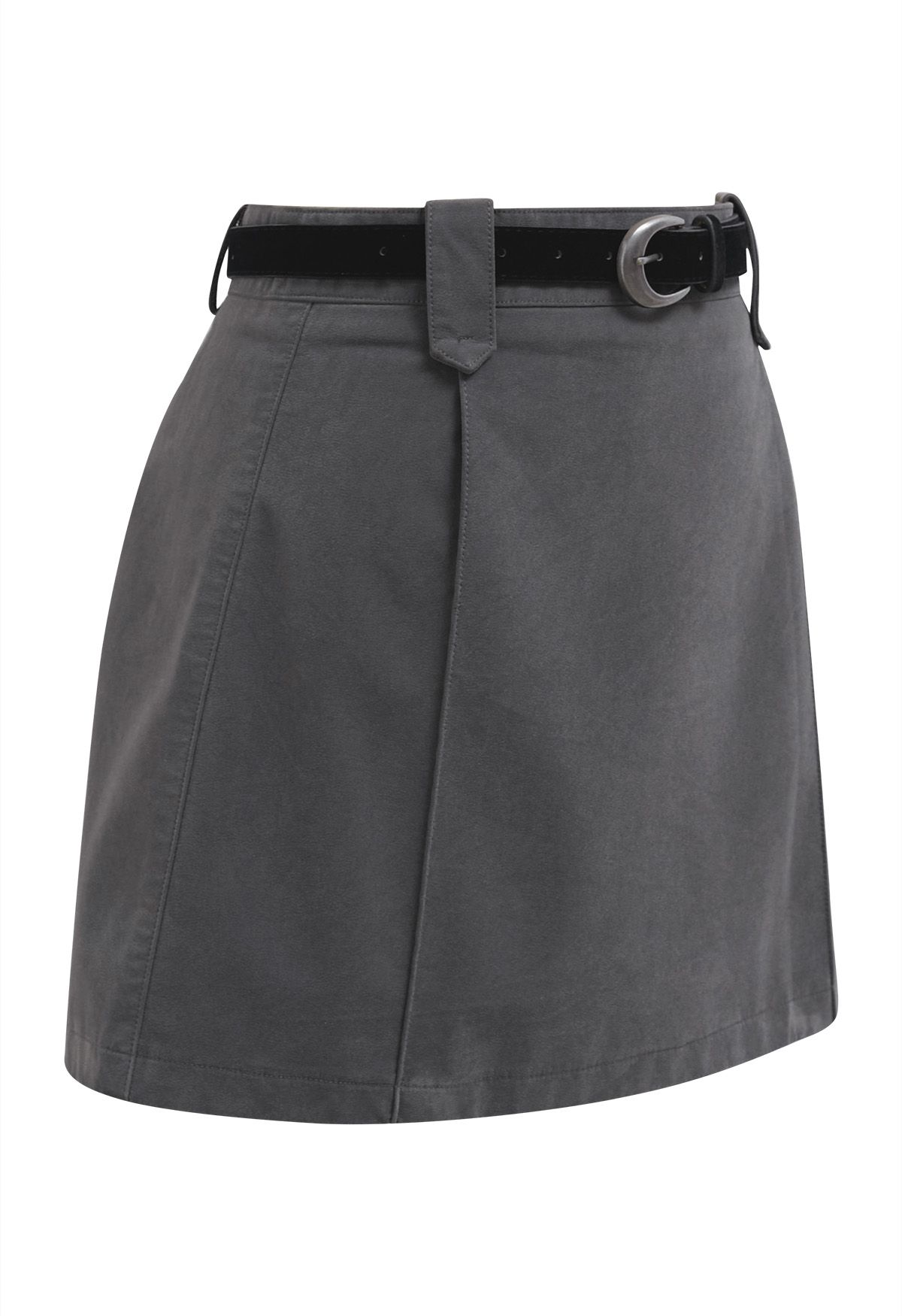 Time-Traveled Faux Suede Belted Mini Skirt in Smoke