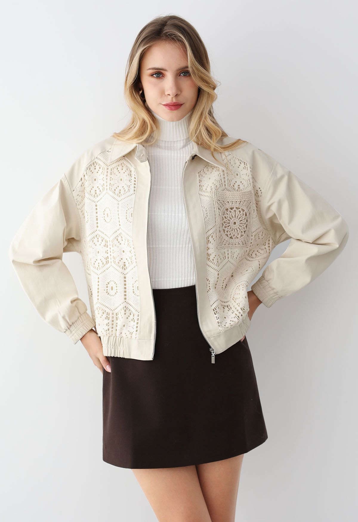 Zip Up Floral Cutwork Crochet Jacket