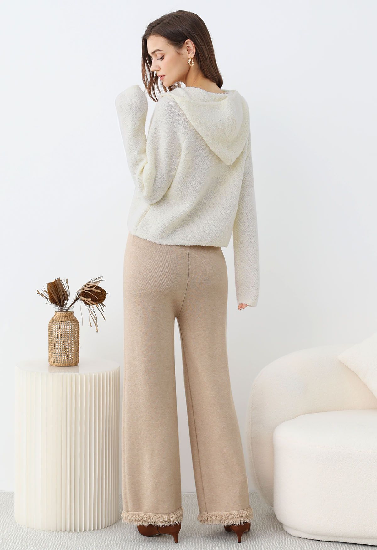 Casual Tie-String Fringed Knit Pants in Sand