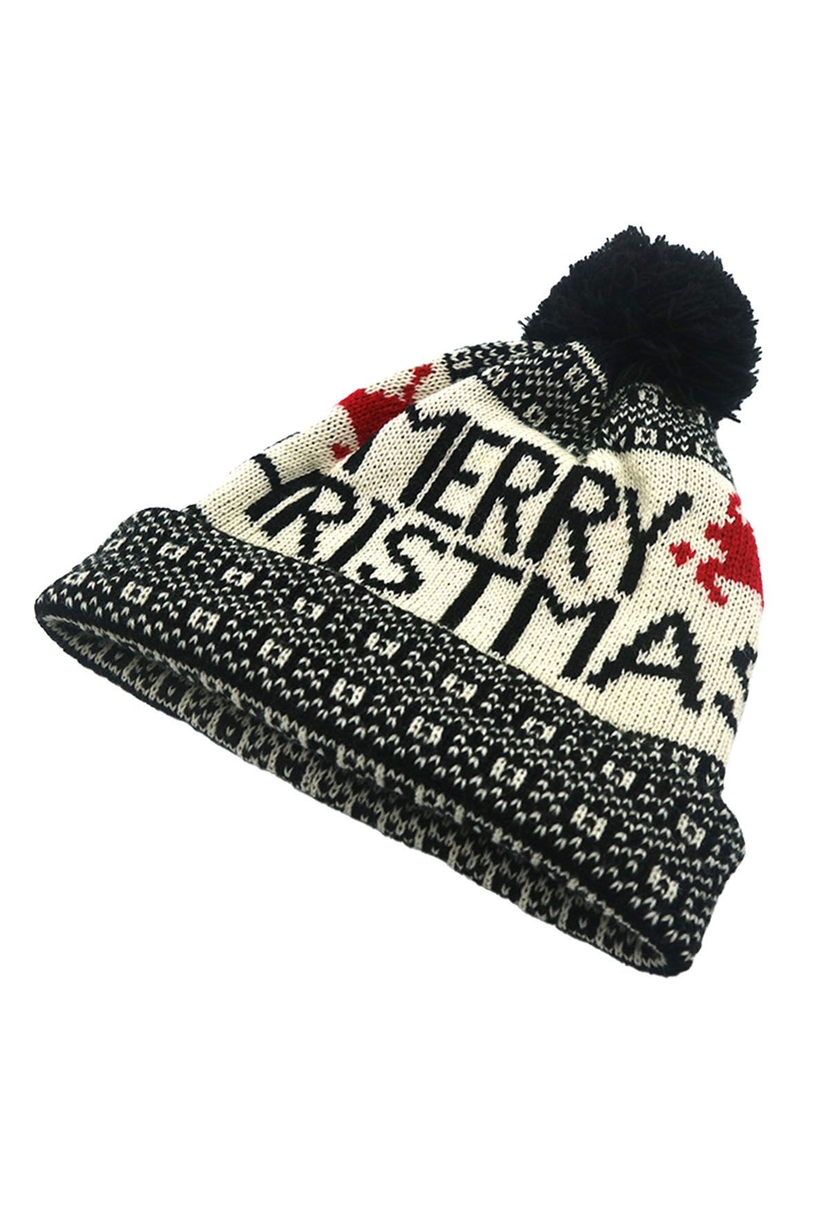 Christmas Letter Knit Beanie Hat in Black