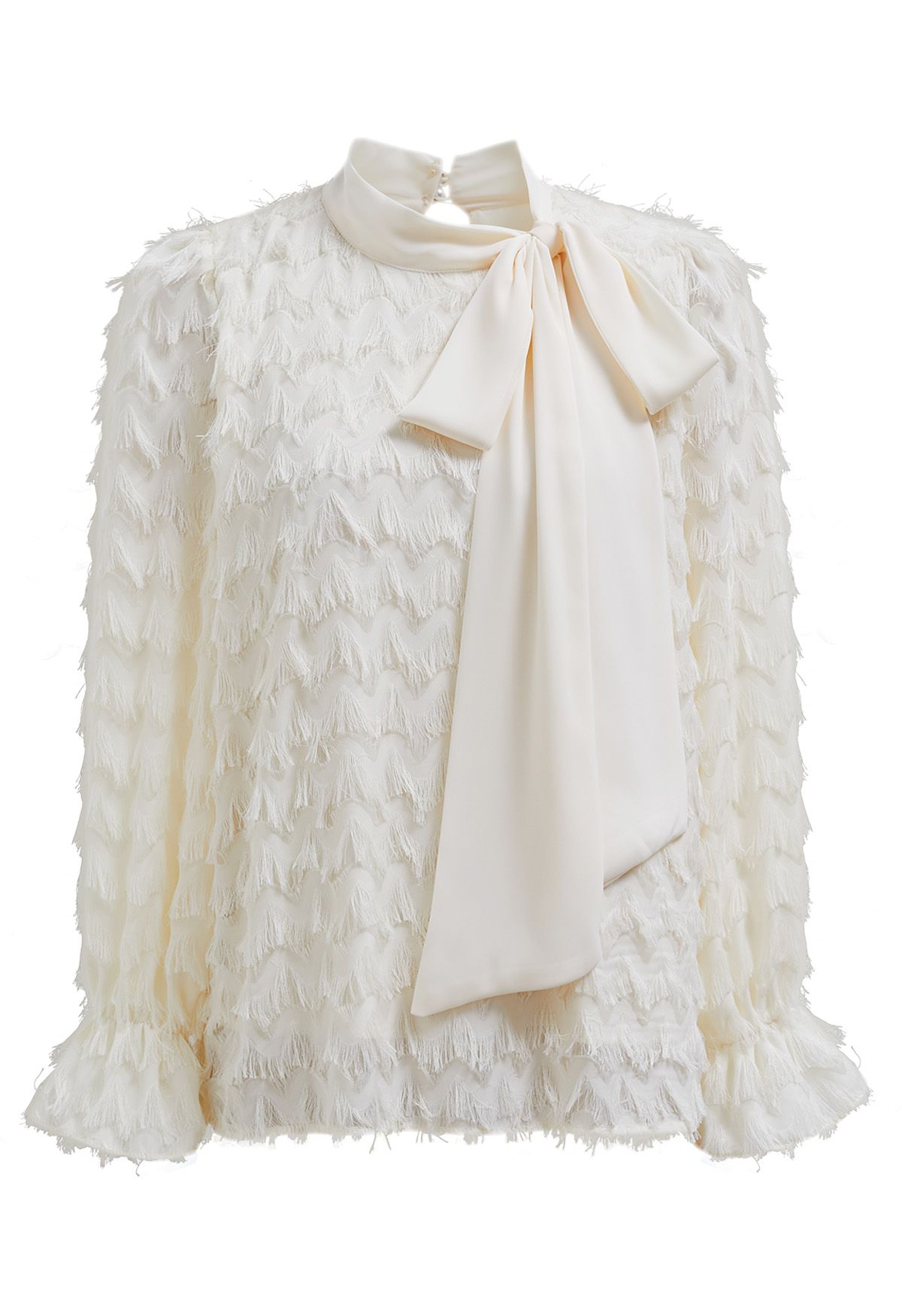 Satin Bowknot Wavy Tassel Overlay Shirt in Cream