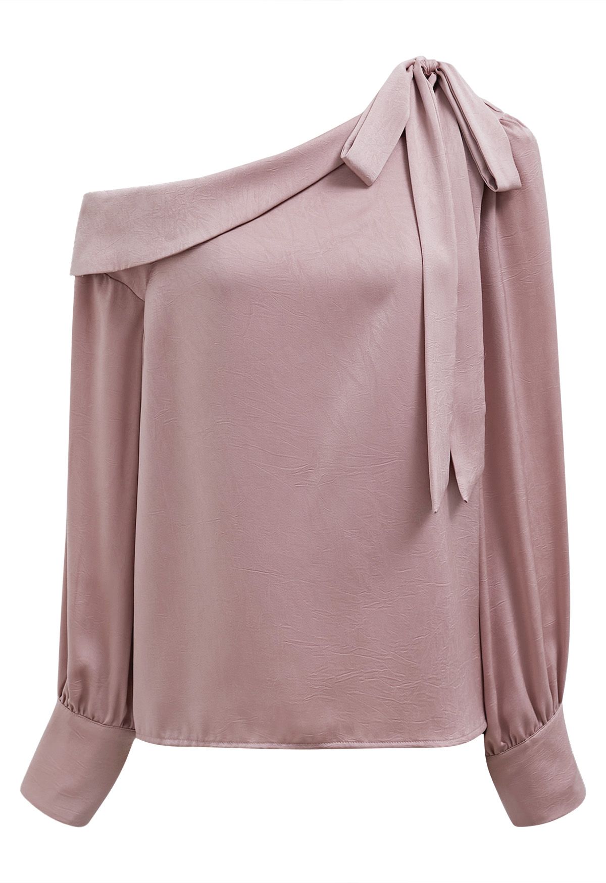 One-Shoulder Bowknot Flap Satin Top in Pink