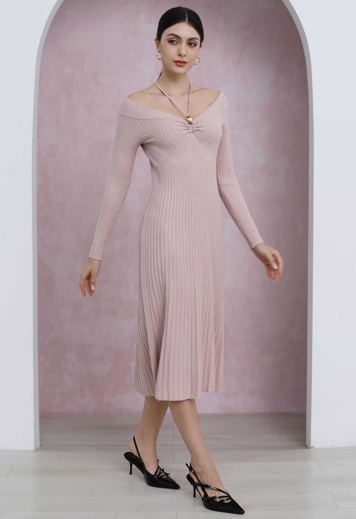 Self-Tie Halter Off-Shoulder Ribbed Knit Midi Dress in Pink