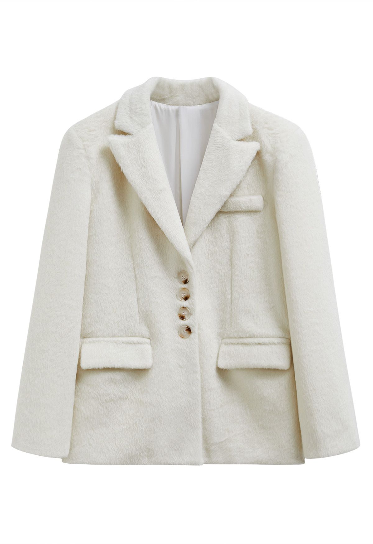 Peak Lapel Buttoned Faux Fur Blazer Coat in Ivory