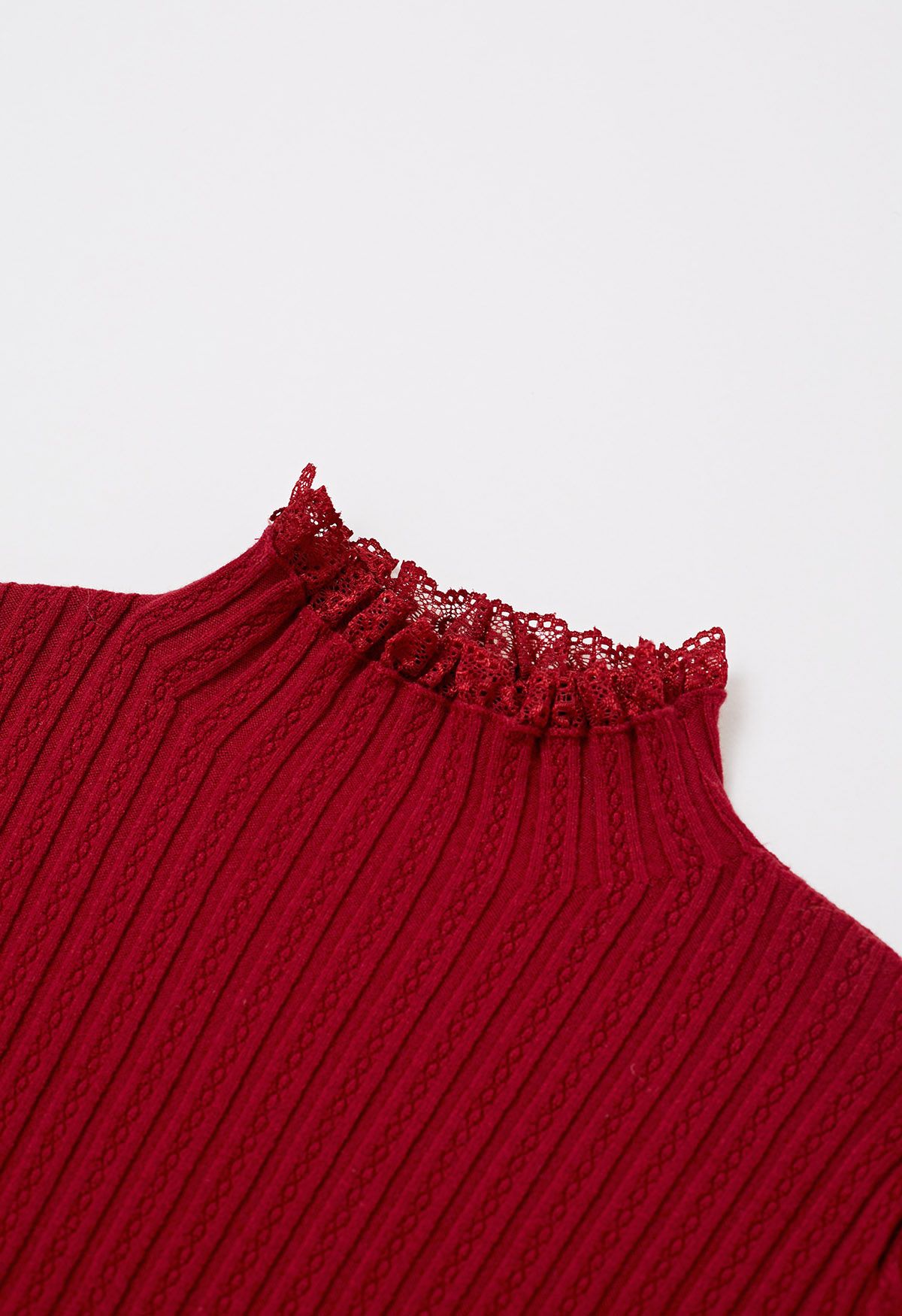 Lace Trim Mock Neck Ribbed Knit Top in Red