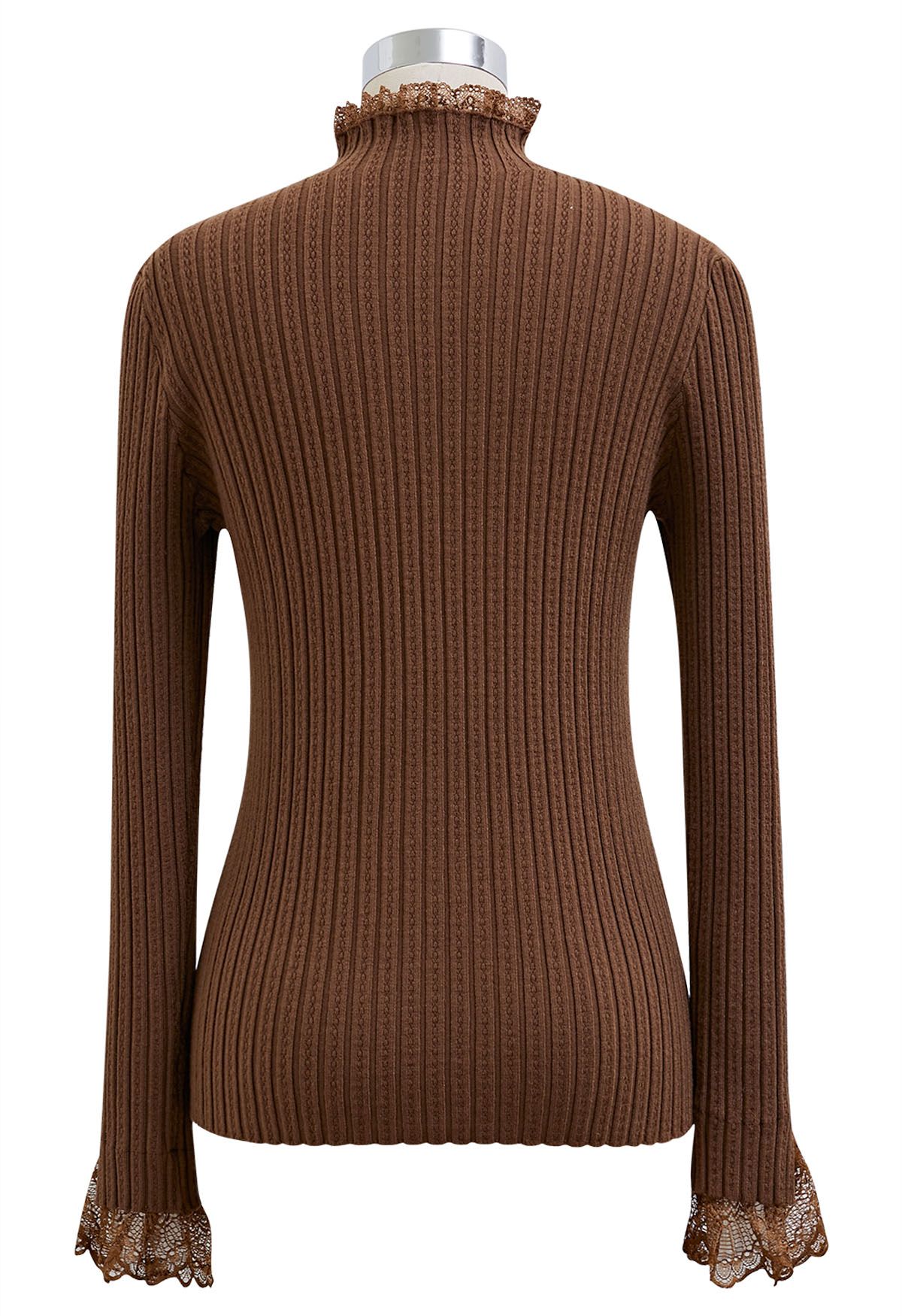 Lace Trim Mock Neck Ribbed Knit Top in Brown