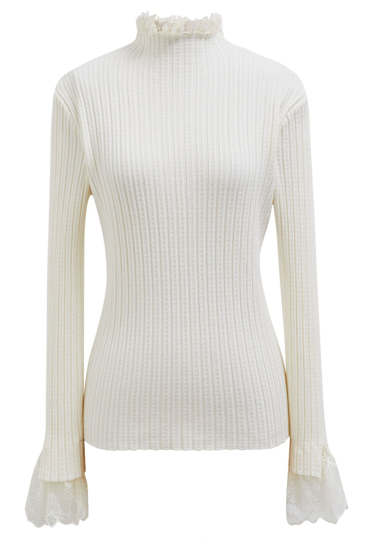 Lace Trim Mock Neck Ribbed Knit Top in White