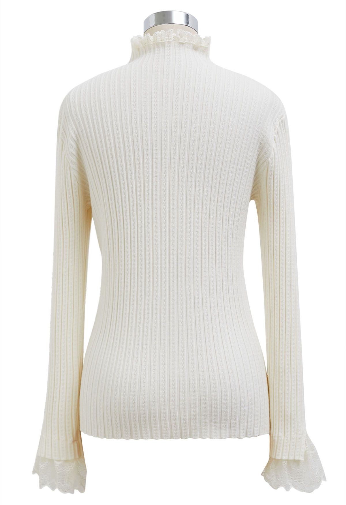 Lace Trim Mock Neck Ribbed Knit Top in White