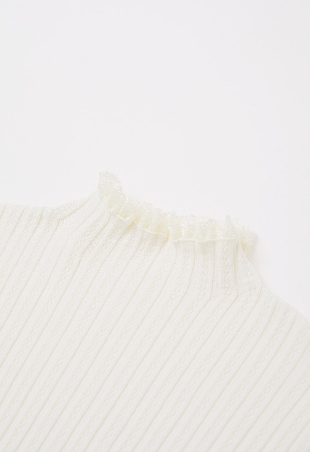 Lace Trim Mock Neck Ribbed Knit Top in White