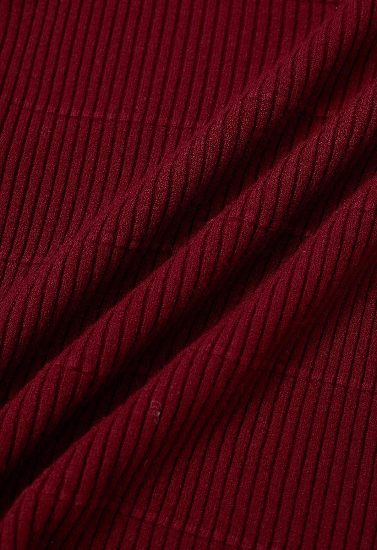 Softness Turtleneck Ribbed Texture Knit Top in Burgundy